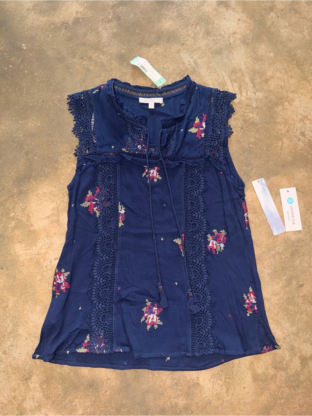 Pale Sky Navy Embroidered Crochet Lace Boho Top Small NWT